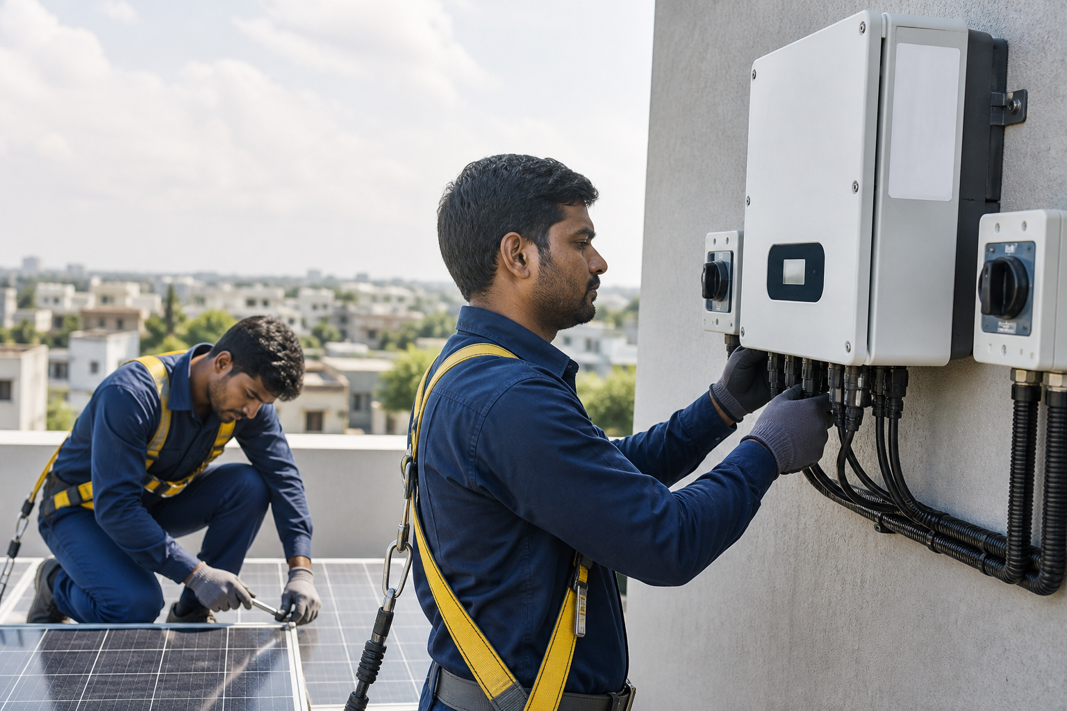 Indian ZeroEB technicians installing solar panels and inverter