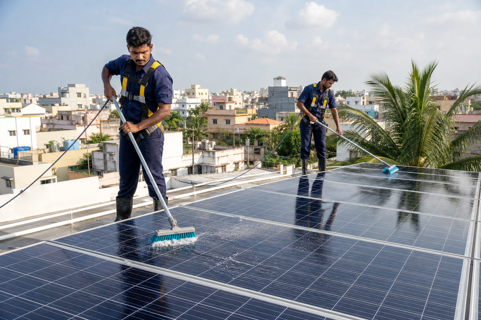 ZeroEB technicians professionally cleaning rooftop solar panels