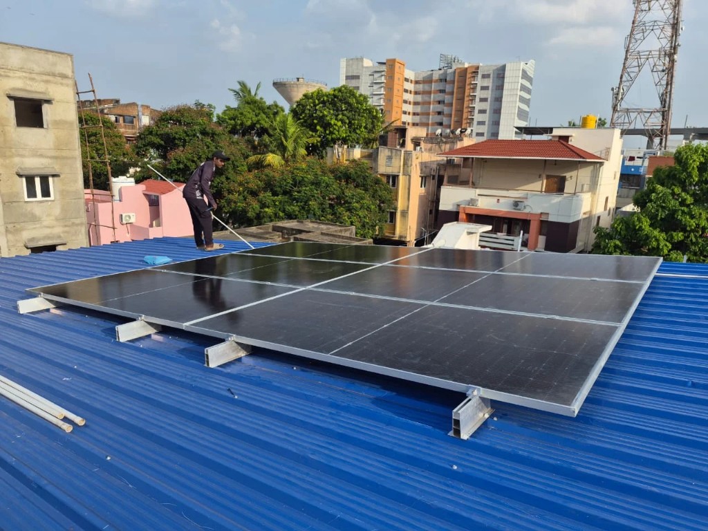 Solar plant wiring and finishing work on a terrace
